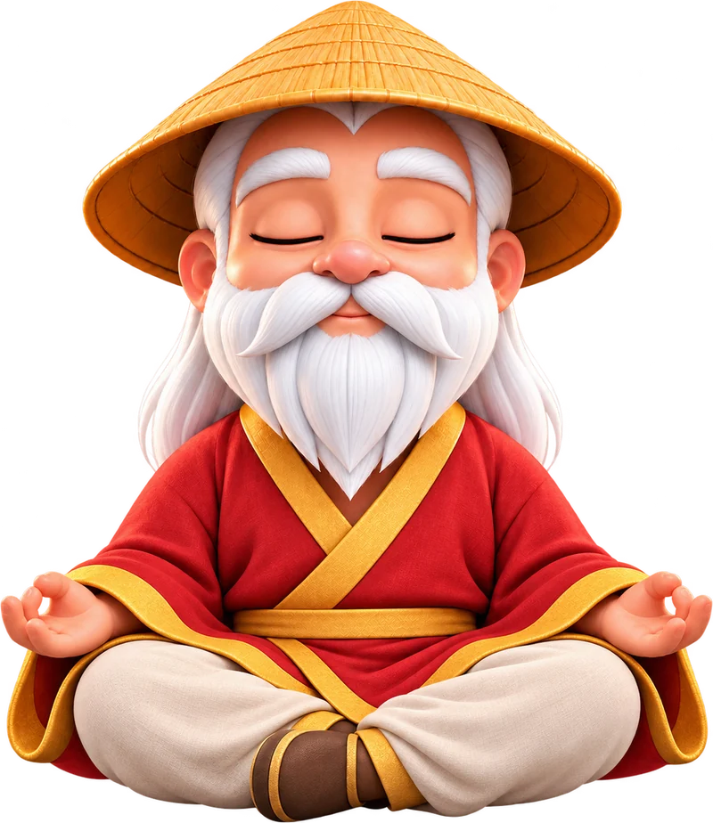 The RateSensei, a white-bearded sage in a red robe and straw hat, meditating calmly